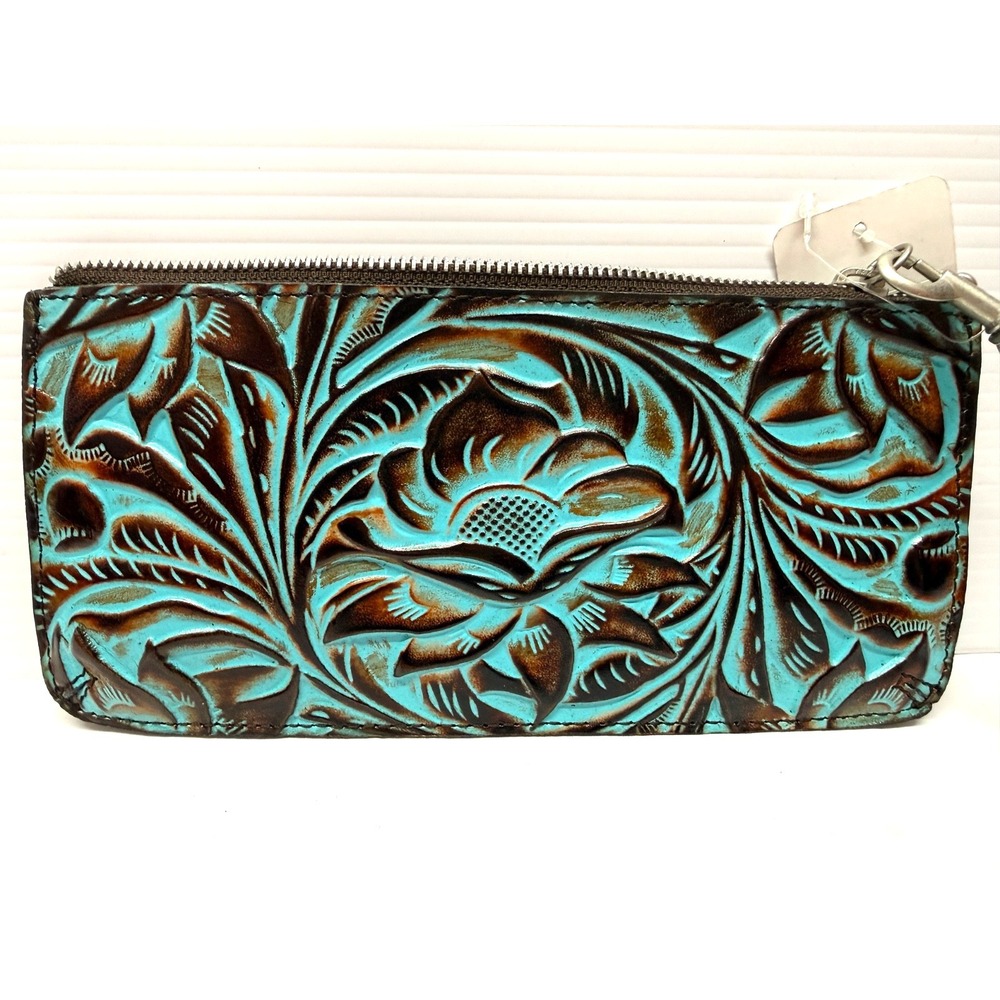 Leather‎ Wristlet Patricia Nash St Croce Turquoise Tooled 10" WRISTLET WALLET